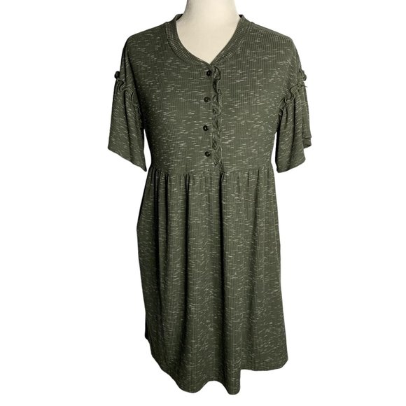Violet Weekend Ribbed Knit T Shirt Dress S Green Flutter Sleeve Pockets Buttons - Picture 1 of 6